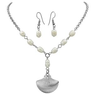Fresh Water Pearl Clam Shell Necklace Earrings Set